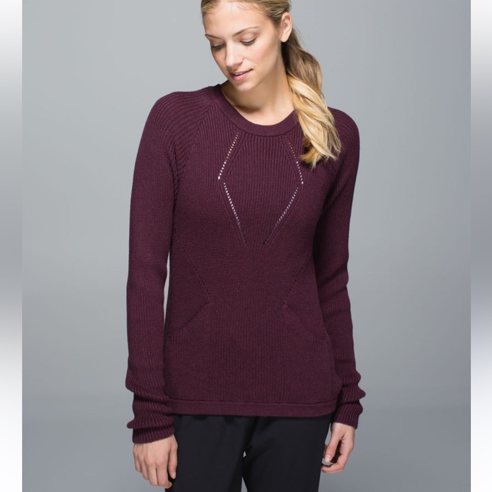 Lululemon Ribbed Knit Sweater Dark Plum Purple Pointelle Thumbholes Womens (917)